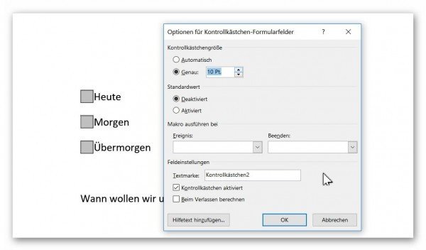Word 2016 Kontrollkästchen anpassen
