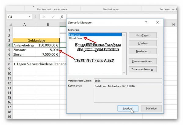 Szenarien in Excel anzeigen