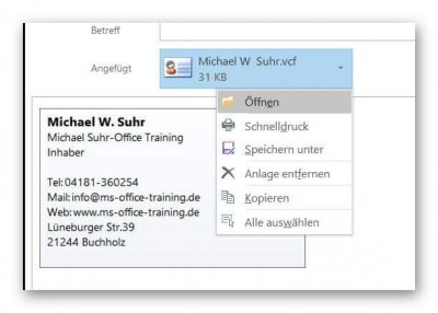 VCF in Outlook speichern.
