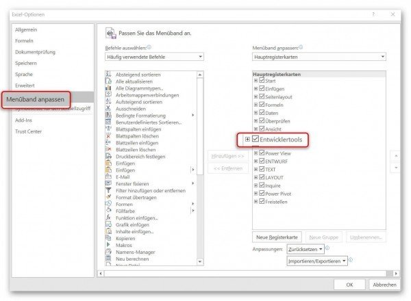 Entwicklertools in Excel