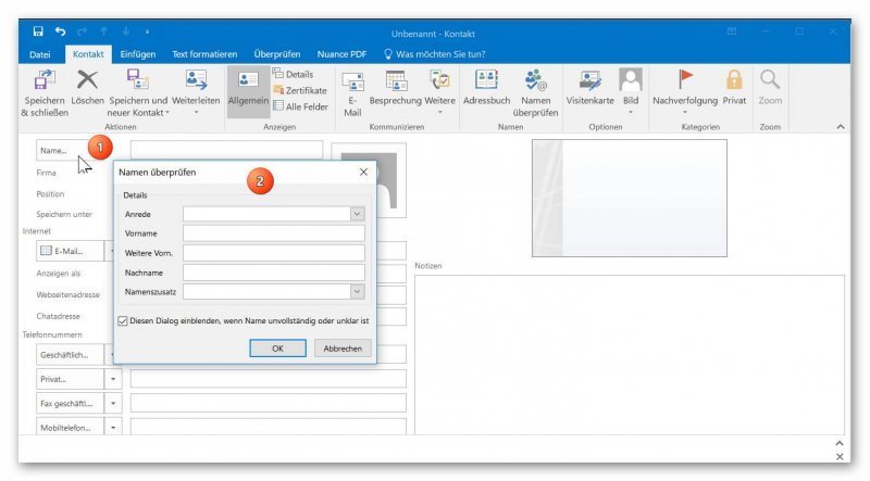 digitale Visitenkarte in Outlook anlegen