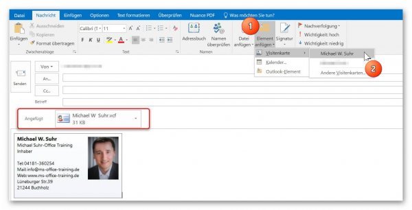 VCF in Outlook versenden
