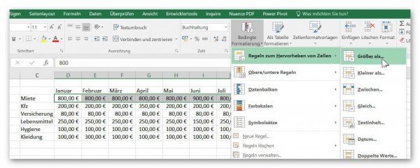 Bedingte Formatierung Größer als