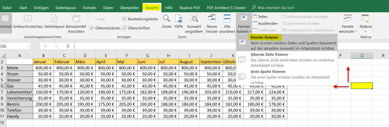 Fenster in Excel fixieren