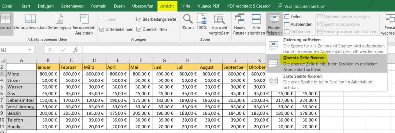 obere Zeile in Excel fixieren