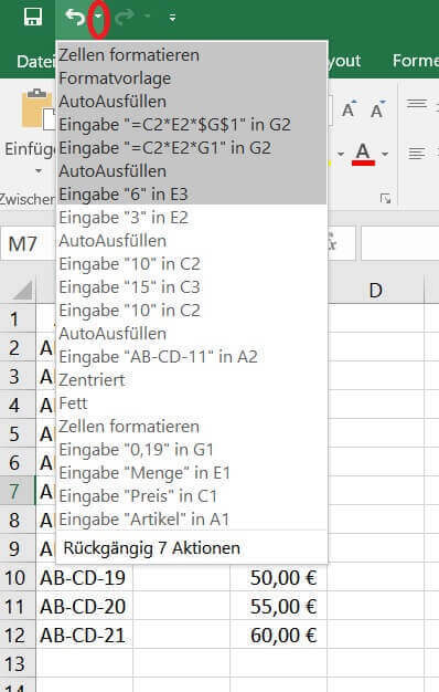 Arbeitsschritte in Excel rückgängig