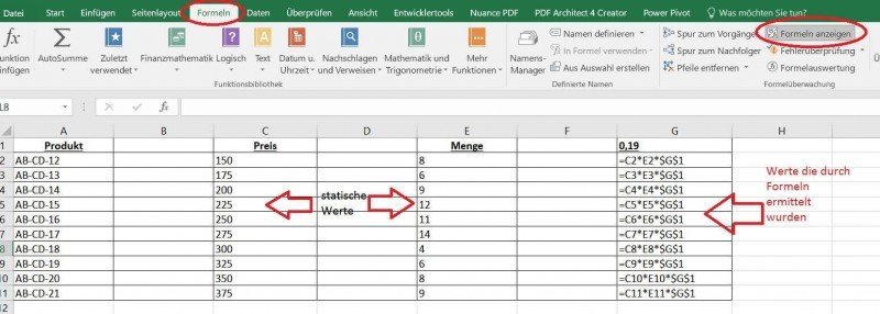 Formeln in Excel anzeigen