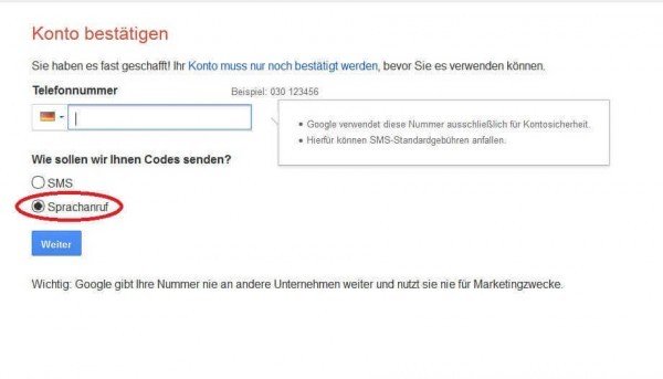 Google Kontobestätigung per Telefon