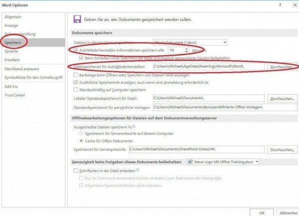 Automatisches Speichern in Word 2016