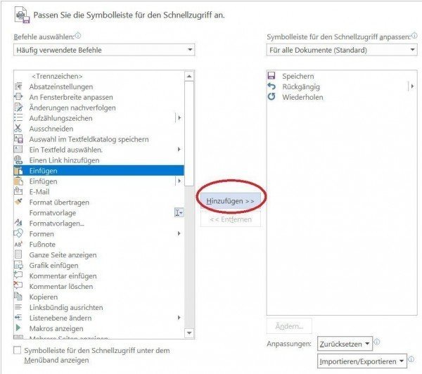 Schnellstartelemente in Word hinzufügen