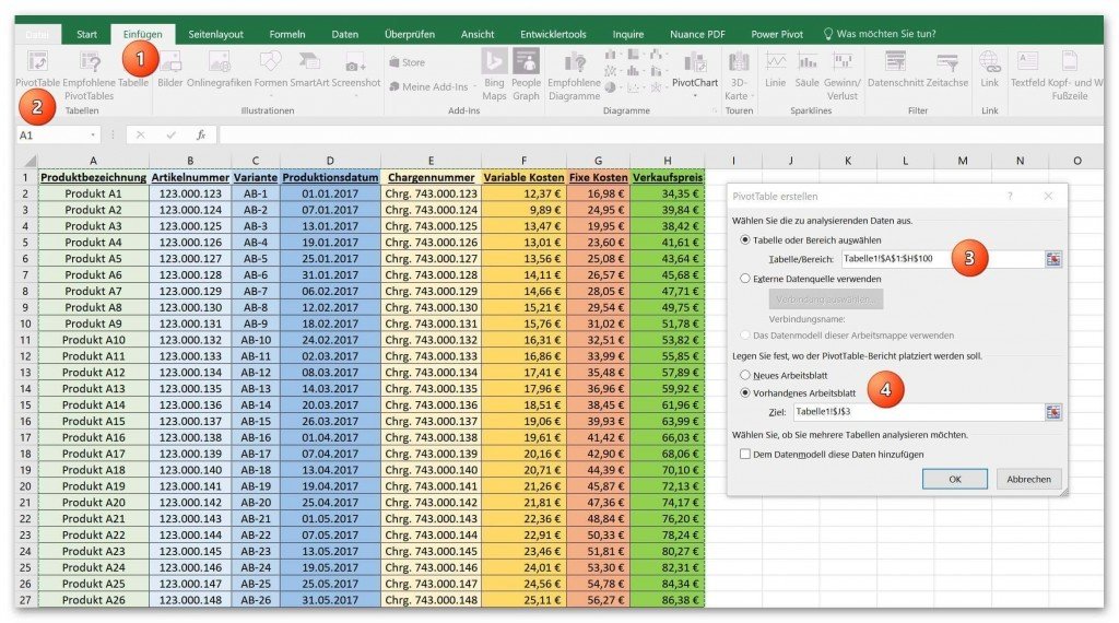 1. Datenbereich für Pivot Table markieren Datenbereich für Pivot Table festlegen