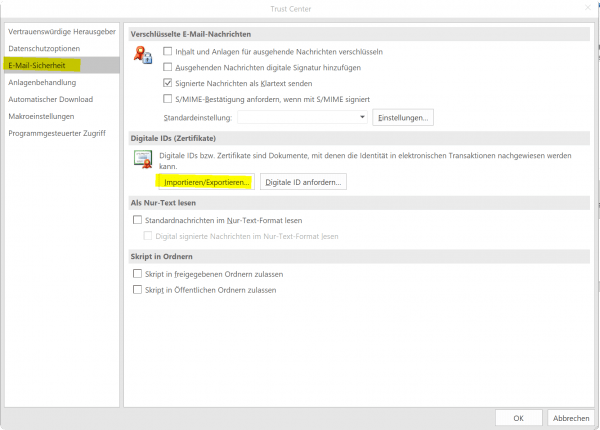 Digitale Signatur in Outlook Importieren
