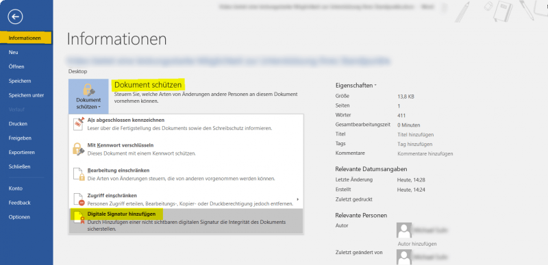 Word Dokument unsichtbar signieren