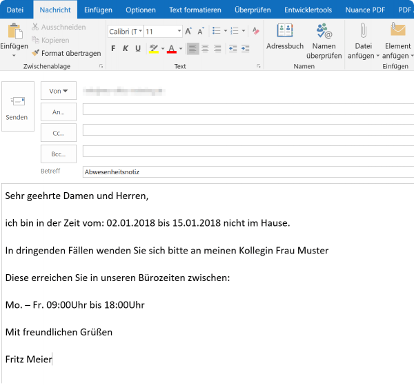 Abwesenheitsnotiz ohne Exchange Konto