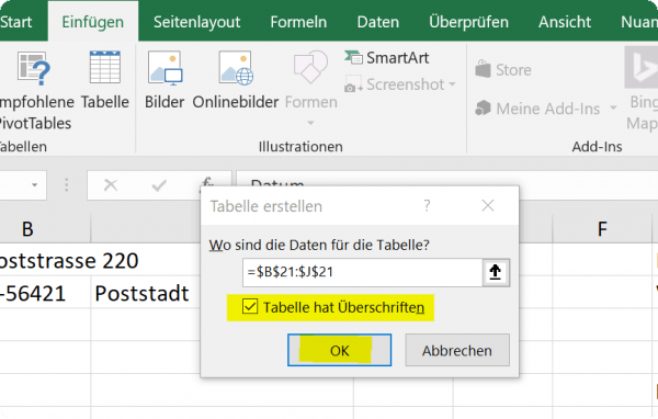Dynamische Tabelle in Excel einfügen