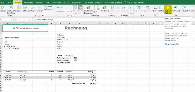 Kopf- und Fußzeile in Excel einfügen