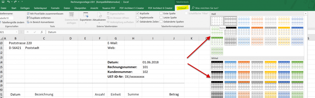 Layout Dynamische Excel Tabelle