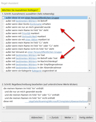 Outlook Regel Assistent - Regeln-Ausnahmen