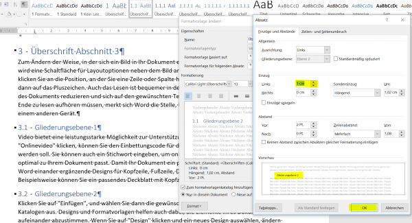 Überschriften einrücken Schritt3