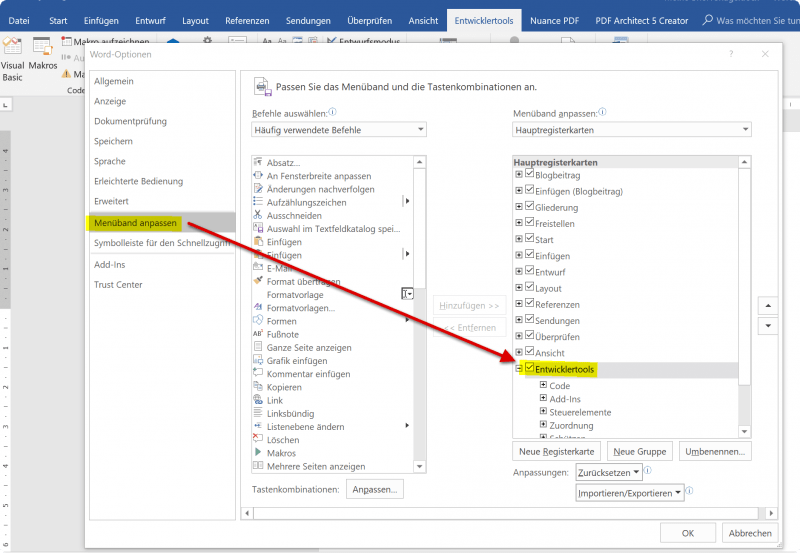 2. Entwicklertools in Word aktivieren 2. Entwicklertools in Word aktivieren