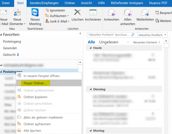 1. Neuen Ordner im Posteingang von Outlook erstellen 1. Neuen Ordner im Posteingang von Outlook erstellen