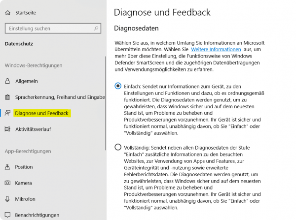 Windows 10 Diagnose und Feedback