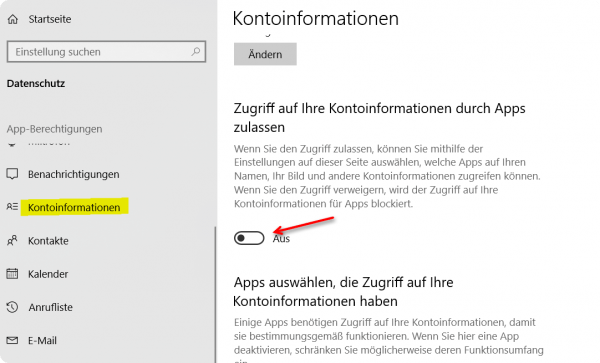 Windows 10 Kontoinformationen