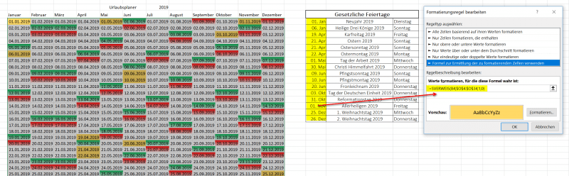 Feiertage in Excel Kalender hervorheben