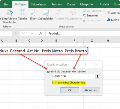 Dynamische Tabelle in Excel Datenbereich