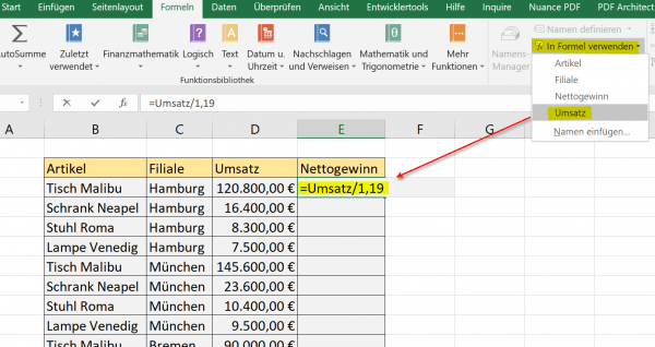 Mit Namensmanager rechnen