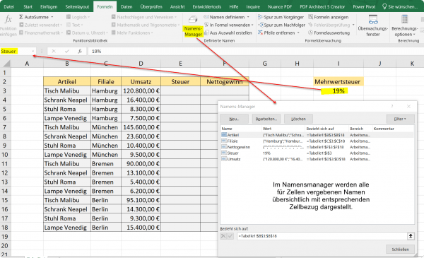 Namen fuer Zellen in Excel ueber Namenfeld