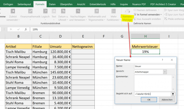 Namen mit Namensmanager in Excel erstellen