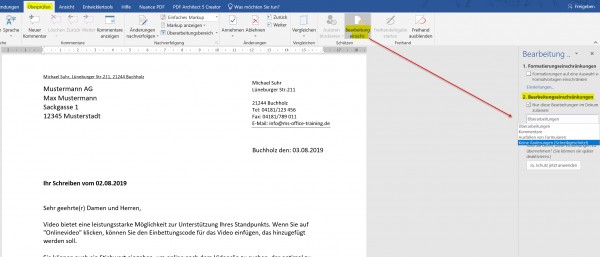 Word Dokument Bearbeitung einschraenken