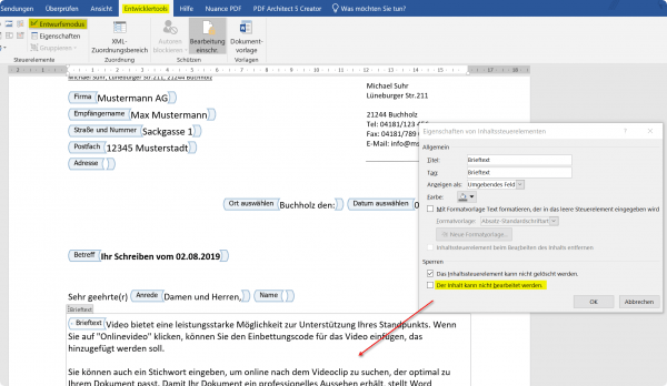 Word Dokument Bereiche schuetzen