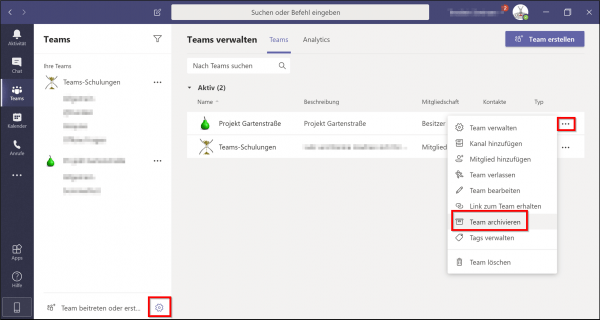 Archivieren von Teams in Microsoft Teams