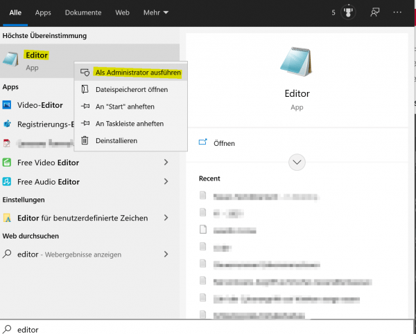 Windows Editor als Admin ausfuehren