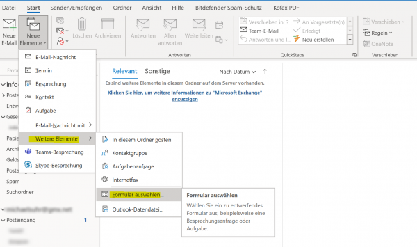 Outlook - Formular auswählen
