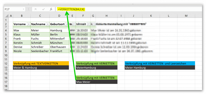 Excel-Namen VERKETTEN automatisches Leerzeichen