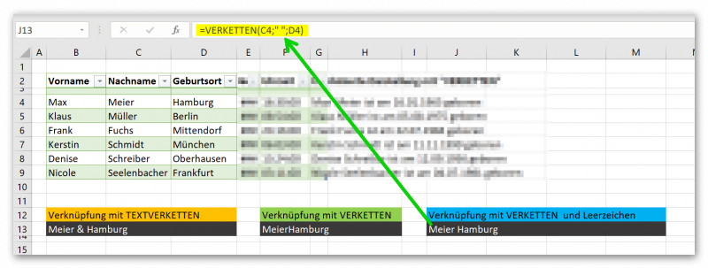 Excel-VERKETTEN mit Leerzeichen