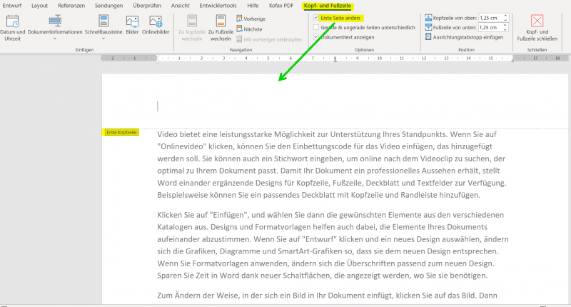 Kopfzeile erste Seite anders in Word