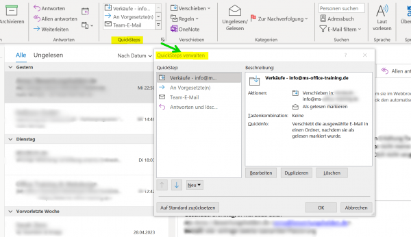 Outlook Quick Steps verwalten