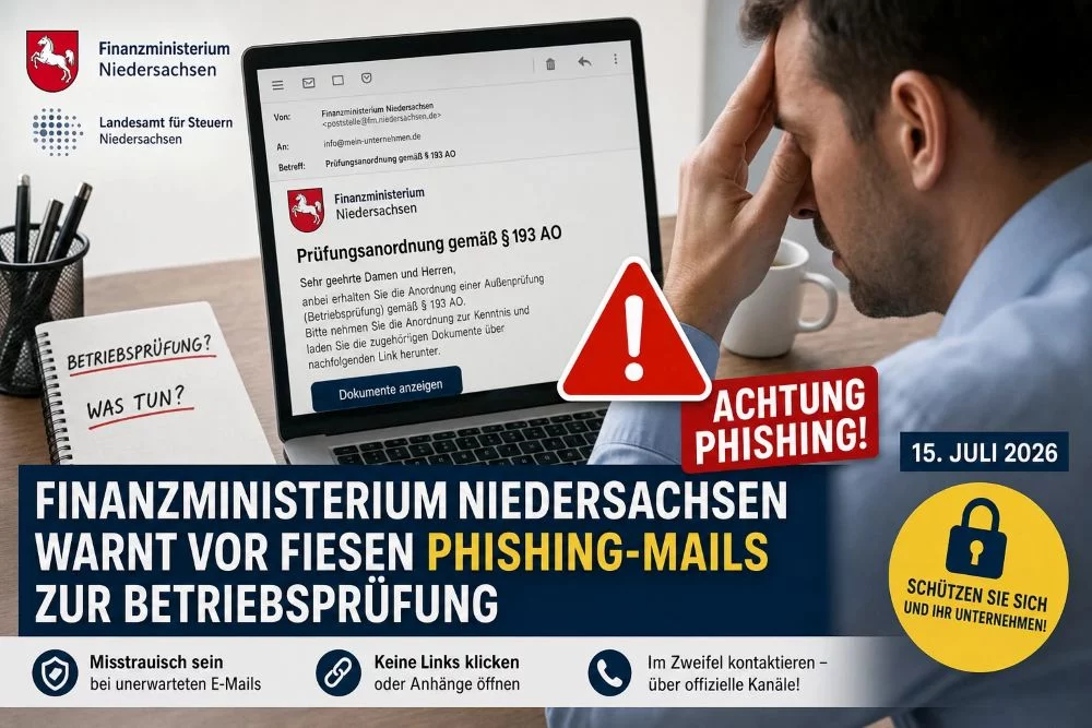 Finanzministerium Niedersachsen warnt vor fiesen Phishing-Mails zur Betriebsprüfung Finanzministerium Niedersachsen warnt vor fiesen Phishing-Mails zur Betriebsprüfung