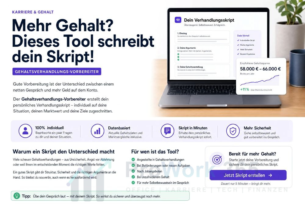 Mehr Gehalt Dieses Tool schreibt dein Skript! – Gehaltsverhandlungs-Vorbereiter Mehr Gehalt Dieses Tool schreibt dein Skript! - Gehaltsverhandlungs-Vorbereiter